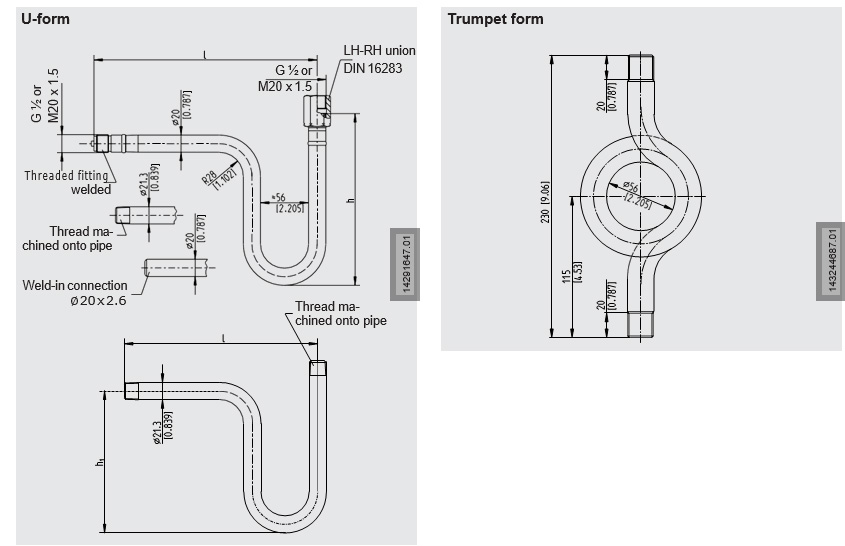 Gauge Syphon Industrial standard dimensions in mm