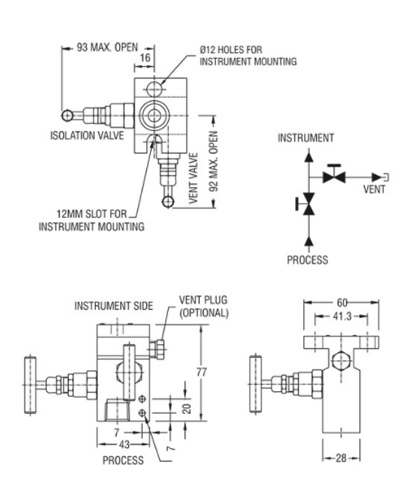 Two Valve T Type Manifold for Pressure Instruments