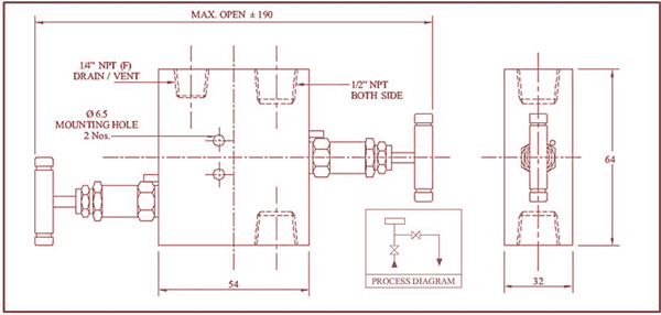 Drawing of Two Way Manifold For Pressure Gauge