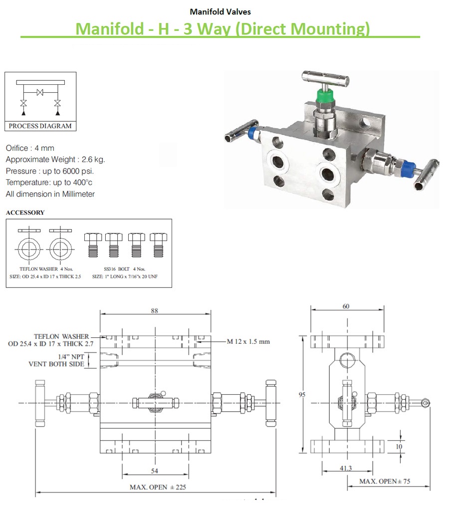 3 Way H Type Manifold Datasheet