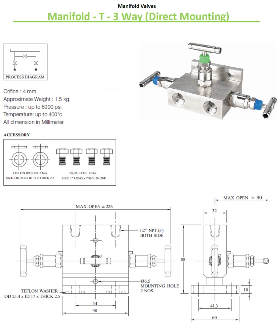 Datasheet of 3 Way T Type Manifold